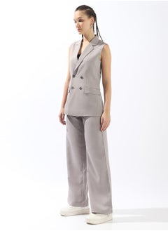 HIGH STAR Women's Grey Polyester Blend Solid Double-Breasted Button Down Vest Full Chinos Tailored Fit Co-Ords  - Image 4