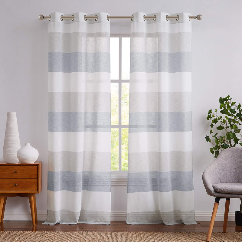 Central Park Gray and Smoke Blue Stripe Sheer Color Block Window Curtain Panel Linen Window Treatment for Bedroom Living Room Farmhouse 84 inches Long with Grommets 2 Panel Rustic Drapes