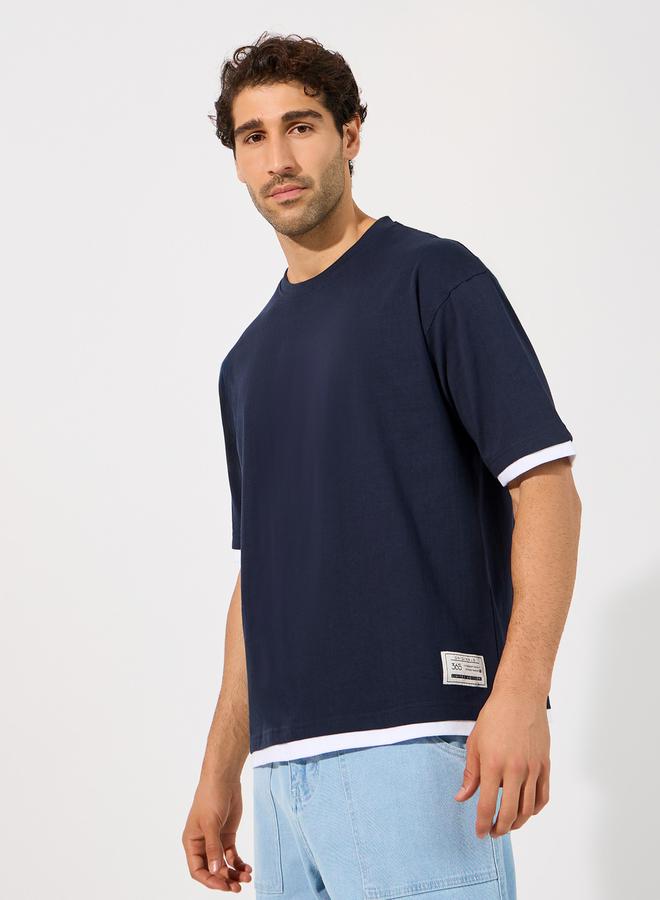 Styli Contrast Panel Oversized T-Shirt with Badge Detail - Image 1