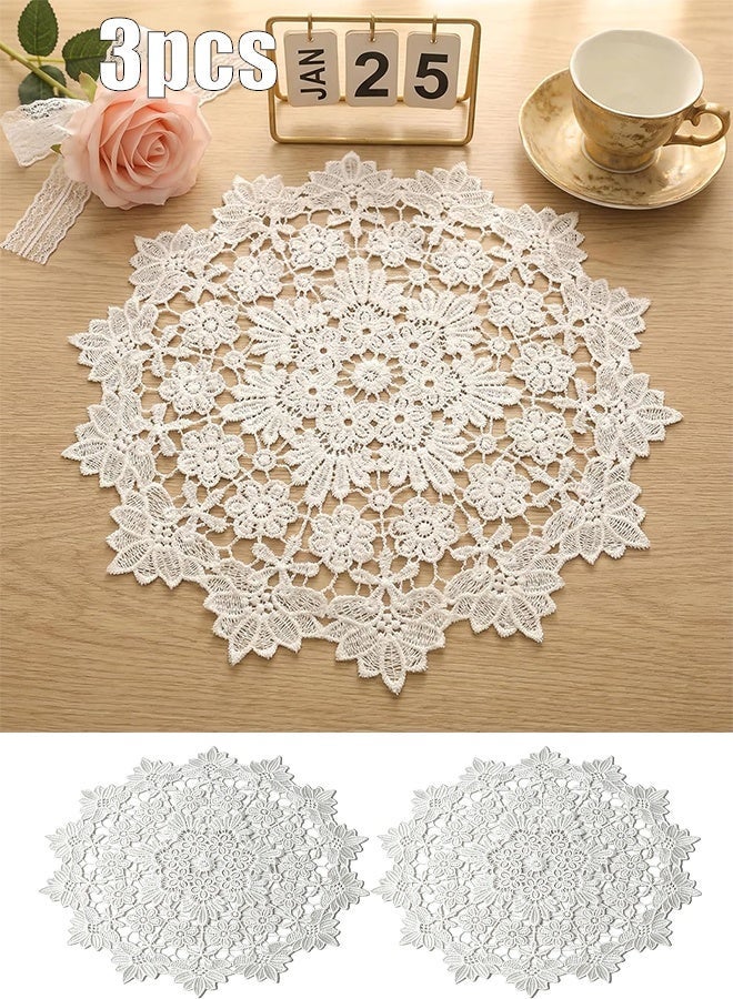 KANGLI Set of 3 Round Embroidered Table Mats, Round Table Mat Made of White Lace, Lace Doilies, Crochet Doilies, Suitable for Cups, Drinks, Bowls, Pots, Plates, Vases, Antique Tablecloths, 25 cm - Image 1