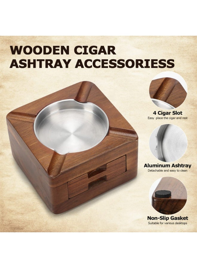 CMGTYYD. منفضة سجائر خشبية، منفضة سجائر مربعة ذات 4 فتحات وحامل سجائر مع درج لإكسسوارات السجائر للاستخدام الداخلي والخارجي في الفناء والمكتب المنزلي، هدايا سجائر مخصصة للرجال - Image 3