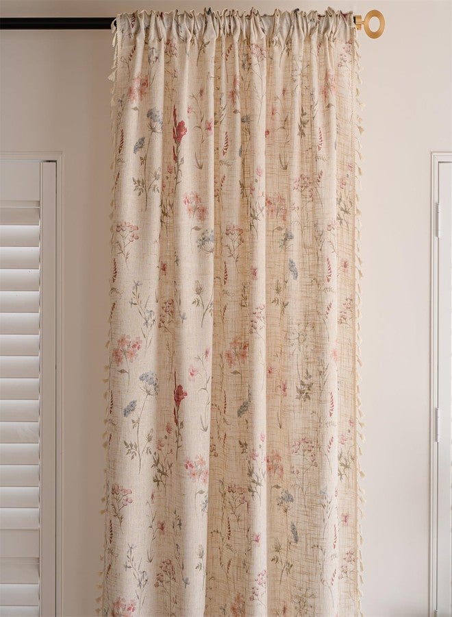 RoomTalks 63 Inches Boho Floral Curtains for Bedroom Dining Living Room Nursery Light Filtering, Country Modern Farmhouse Vintage Linen Window Curtain Panels Cute Aesthetic Bohemian Tassel Draperies - Image 4