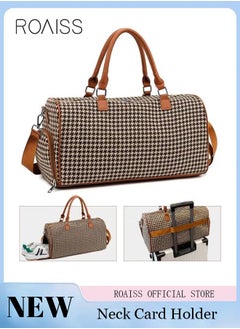 roaiss Houndstooth Pattern Large Capacity Duffel  Brown Bag Retro Chic Luggage Handbag Wet and Dry Separation Shoes Compartment Crossbody Bag for Women Fitness Sports Trip  - Image 1
