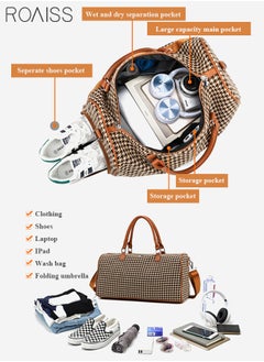roaiss Houndstooth Pattern Large Capacity Duffel  Brown Bag Retro Chic Luggage Handbag Wet and Dry Separation Shoes Compartment Crossbody Bag for Women Fitness Sports Trip  - Image 3