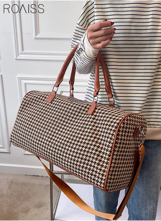 roaiss - Houndstooth Pattern Large Capacity Duffel  Brown Bag Retro Chic Luggage Handbag Wet and Dry Separation Shoes Compartment Crossbody Bag for Women Fitness Sports Trip - Image 1