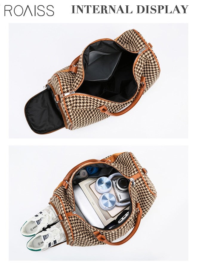 roaiss - Houndstooth Pattern Large Capacity Duffel  Brown Bag Retro Chic Luggage Handbag Wet and Dry Separation Shoes Compartment Crossbody Bag for Women Fitness Sports Trip - Image 1