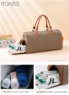 roaiss Houndstooth Pattern Large Capacity Duffel  Brown Bag Retro Chic Luggage Handbag Wet and Dry Separation Shoes Compartment Crossbody Bag for Women Fitness Sports Trip  - Image 2