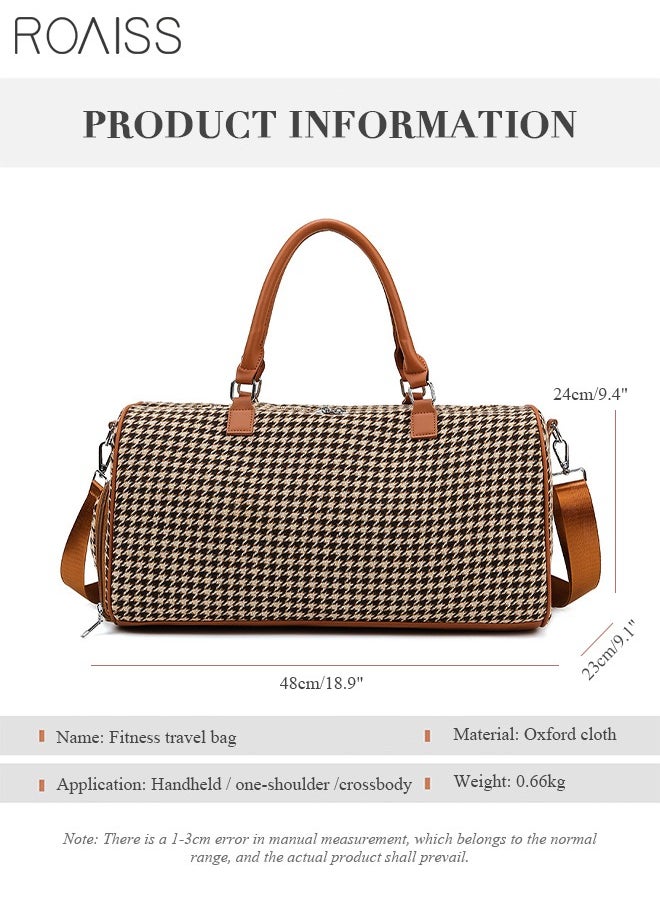 roaiss - Houndstooth Pattern Large Capacity Duffel  Brown Bag Retro Chic Luggage Handbag Wet and Dry Separation Shoes Compartment Crossbody Bag for Women Fitness Sports Trip - Image 1