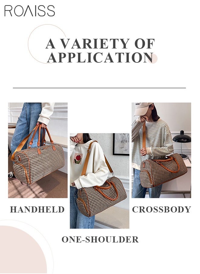 roaiss - Houndstooth Pattern Large Capacity Duffel  Brown Bag Retro Chic Luggage Handbag Wet and Dry Separation Shoes Compartment Crossbody Bag for Women Fitness Sports Trip - Image 1