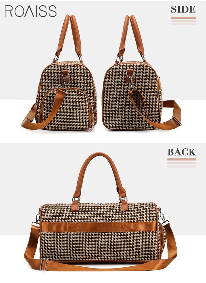roaiss - Houndstooth Pattern Large Capacity Duffel  Brown Bag Retro Chic Luggage Handbag Wet and Dry Separation Shoes Compartment Crossbody Bag for Women Fitness Sports Trip - Image 1