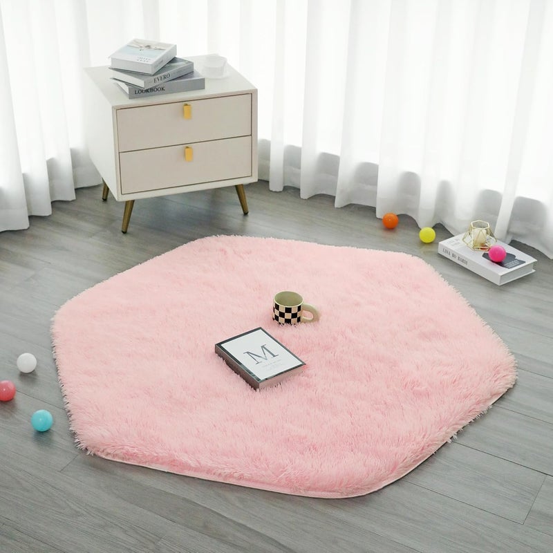 LimitlessFunN 4.6x4 Feet Plush Baby Nursery Rug, Kids Fuzzy Play Mat for Hexagon Princess Tent, Fluffy Carpet Rugs for Girls Room, Pink - Image 1
