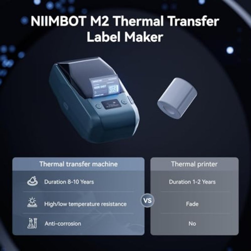 M2 2 Inch Thermal Transfer Label Maker, 300DPI tooth Label Printer, Label Maker Machine for Office, Garden, Lab, Outdoor Equipment, Cable, Jewelry, 8-10 Years Duration for Label - Image 2