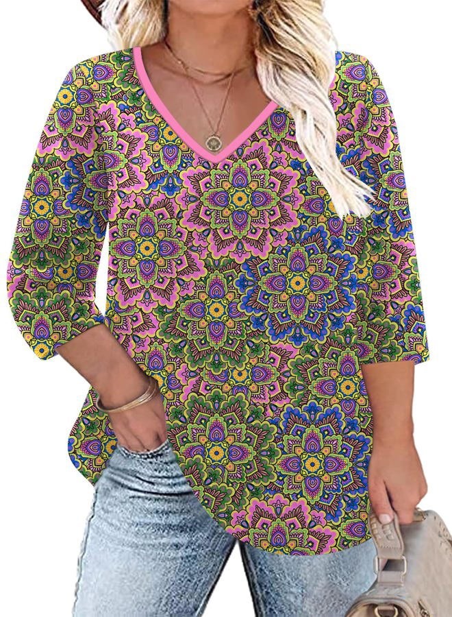 TFSDOD Women's Plus Size Tops V Neck Tshirts Shirts for Women 3/4 Sleeve Long Sleeve Summer Pink Green Blue Floral 4XL - Image 1