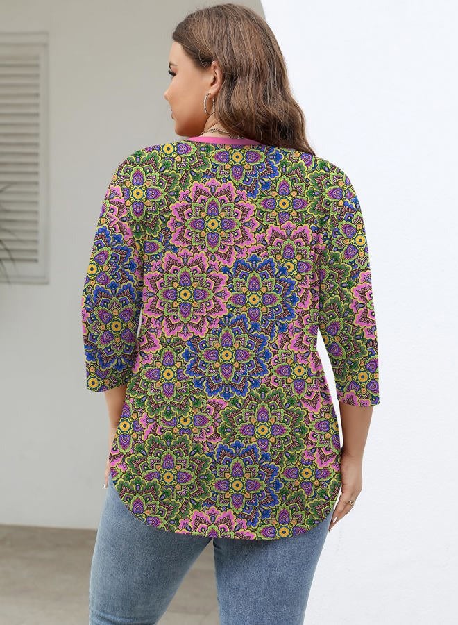 TFSDOD Women's Plus Size Tops V Neck Tshirts Shirts for Women 3/4 Sleeve Long Sleeve Summer Pink Green Blue Floral 4XL - Image 3