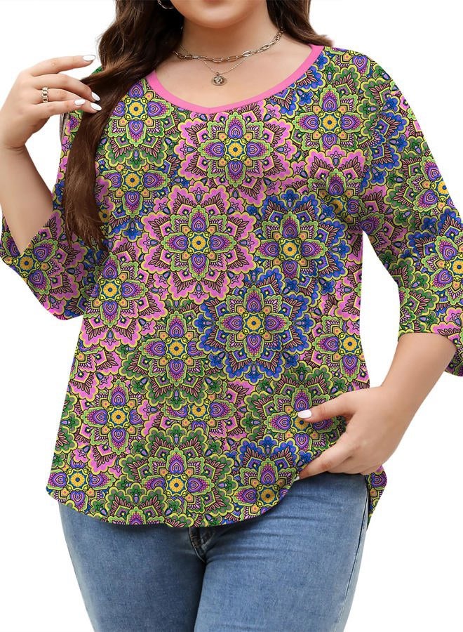 TFSDOD Women's Plus Size Tops V Neck Tshirts Shirts for Women 3/4 Sleeve Long Sleeve Summer Pink Green Blue Floral 4XL - Image 2
