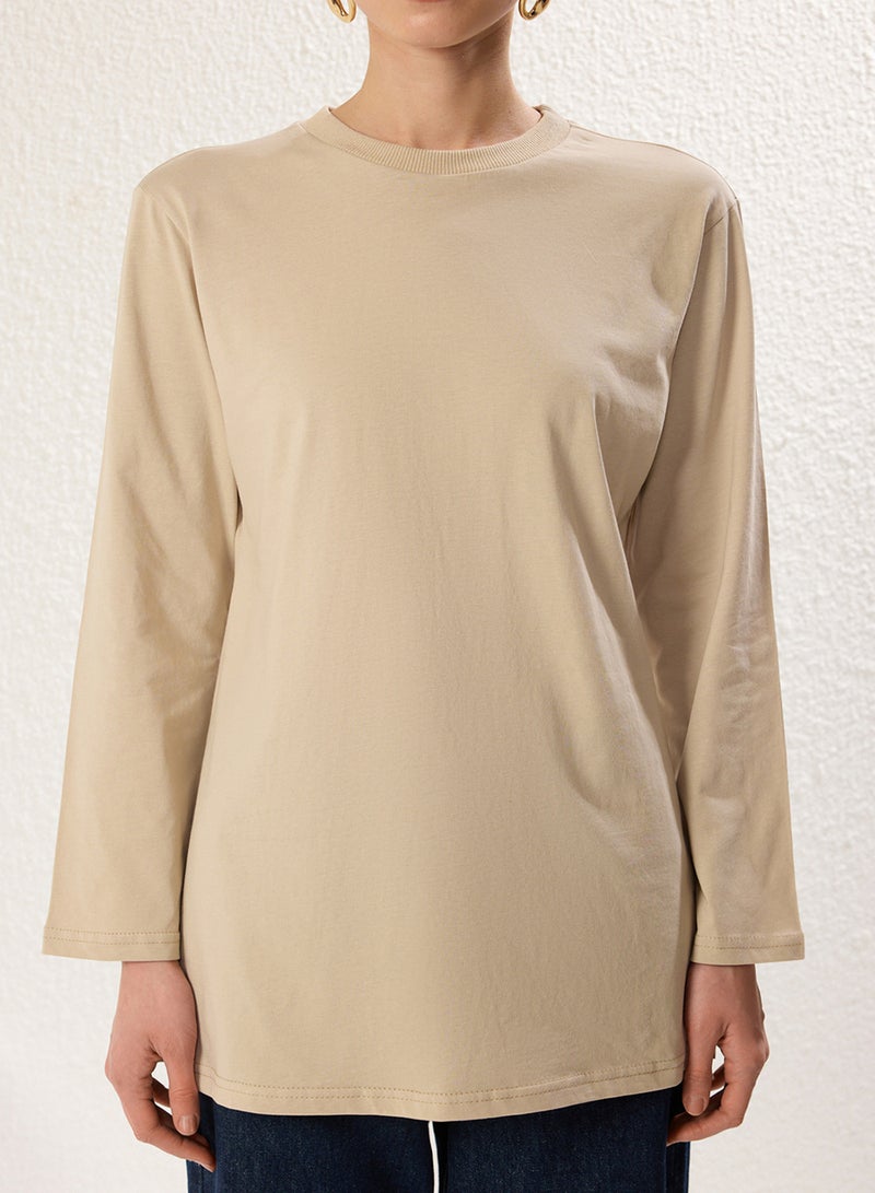 trendyol Skin Beige Long Sleeve Slit Detailed Extra Wide Oversized Knitted T-Shirt Tctss25Rt00000 - Image 3