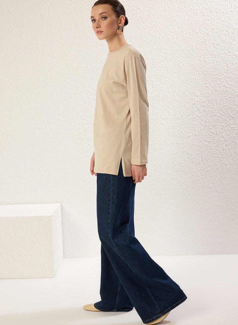 trendyol Skin Beige Long Sleeve Slit Detailed Extra Wide Oversized Knitted T-Shirt Tctss25Rt00000 - Image 1