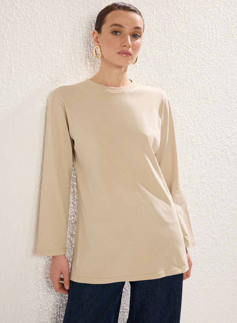 trendyol Skin Beige Long Sleeve Slit Detailed Extra Wide Oversized Knitted T-Shirt Tctss25Rt00000 - Image 2