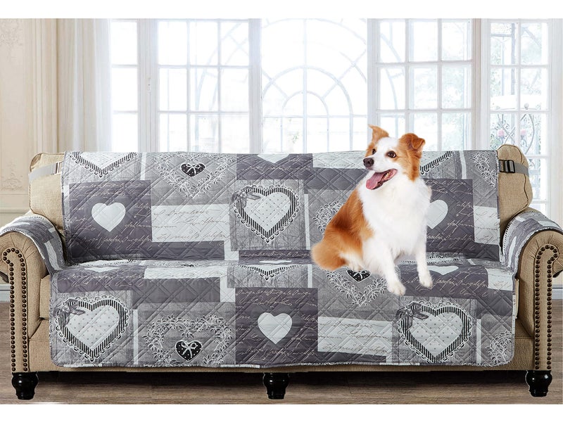 Brilliant Sunshine Brilliant Sunshine Heart Love Couch Slip Cover Patchwork Design Quilted Slipcover with 2 Strap 78 Seat Slip Resistant Cushion Protector Washable Sofa Covers for Dogs Cats Pets Kids Grey