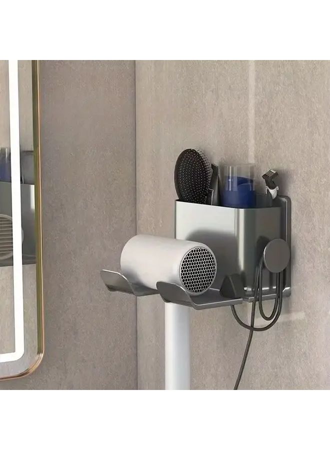 White No Drill Wall Mounted Hair Dryer Holder Adjustable Bathroom Storage Rack - Image 1