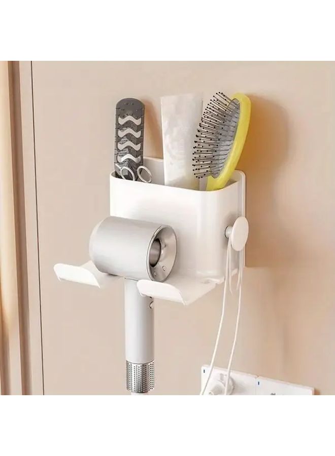 White No Drill Wall Mounted Hair Dryer Holder Adjustable Bathroom Storage Rack - Image 5