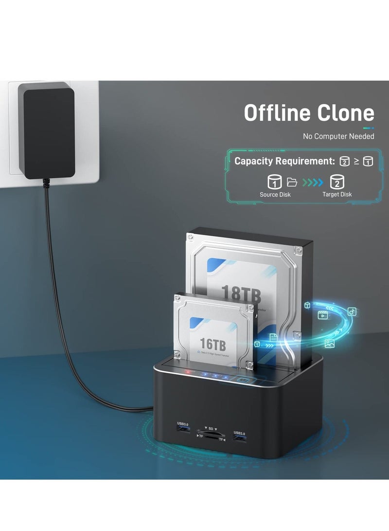 WALALLA Hard Drive Docking Station, USB 3.0 SATA to HDD Docking Station for 2.5 & 3.5 inch SATA HDD/SSD, Dual Bay, Support Offline Clone, SD/TF Card Reader, USB Ports, Black - Image 3