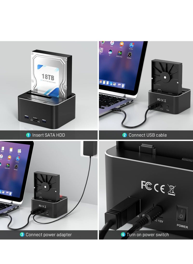 WALALLA Hard Drive Docking Station, USB 3.0 SATA to HDD Docking Station for 2.5 & 3.5 inch SATA HDD/SSD, Dual Bay, Support Offline Clone, SD/TF Card Reader, USB Ports, Black - Image 5