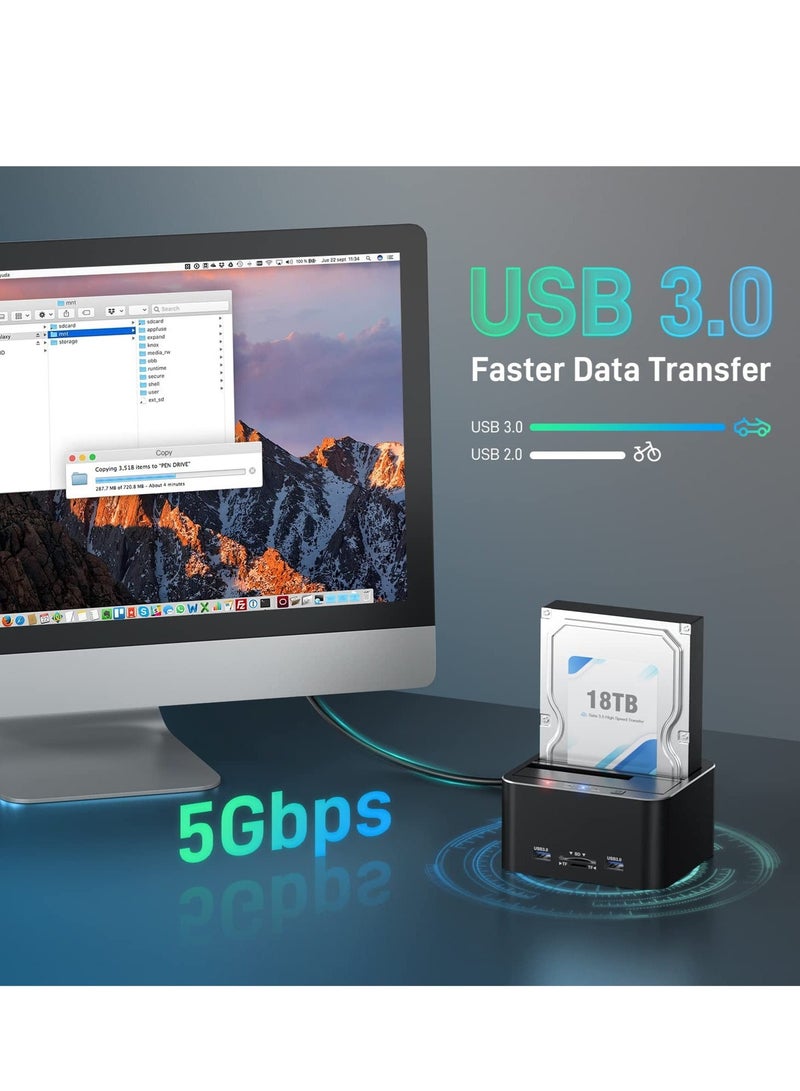 WALALLA Hard Drive Docking Station, USB 3.0 SATA to HDD Docking Station for 2.5 & 3.5 inch SATA HDD/SSD, Dual Bay, Support Offline Clone, SD/TF Card Reader, USB Ports, Black - Image 2