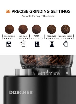 V60 مطحنة قهوة كهربائية بمطحنة مخروطية – 38 إعداد طحن، مؤقت دقيق، تصميم مضاد للكهرباء الساكنة – مثالية للإسبريسو، التنقيط، التحضير اليدوي، الكولد برو، والفرنش بريس - view 2