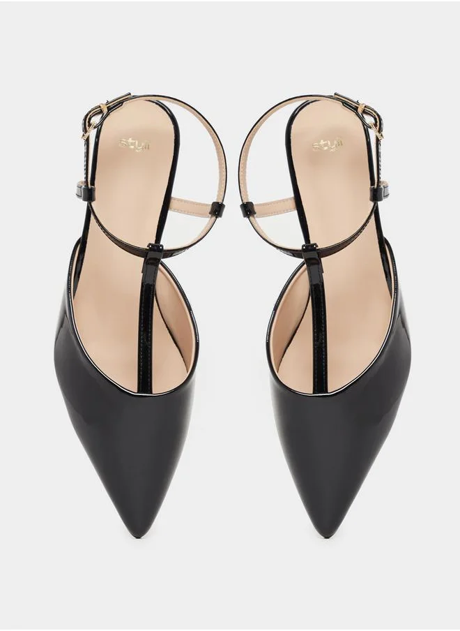 Styli Ankle Strap Pointed Toe Kitten Heel Shoes