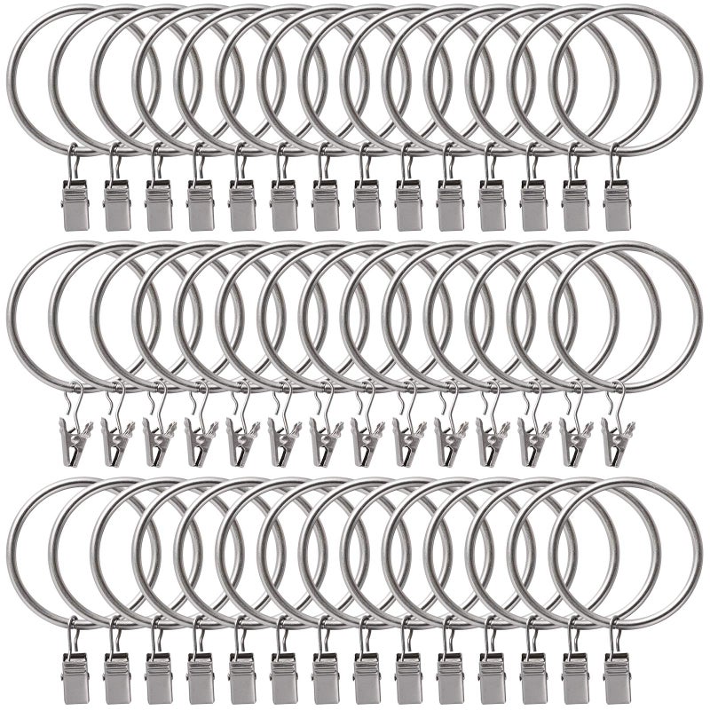 Lansian 44 Pack Curtain Rings with Clips Hooks 15 inch Rustproof Matte Metal Stainless Steel Drapery Rings for Tension Rod Bracket Eyelets Decorative Hangers Matte Silver 15 Interior Diameter