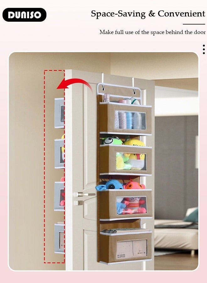 DUNISO Over The Door Pockets, 4 Large Pockets Storage Organiser, Fabric Foldable Hanging Organizer Door Hanger Storage with Clear Window and 2 Metal Hooks Behind Door for Bedroom - Image 3