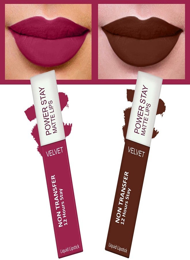 فور فور أحمر شفاه FORFOR® Power Stay Long Last Matte Combo of 2 - مقاوم للماء (يدوم 12 ساعة) (وردي فاتح، بني كاكاو، عبوة من قطعتين) - Image 1