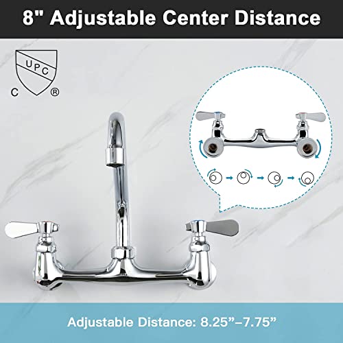 Favorpo 8 Inch Commercial Kitchen Wall Mount Faucet, 8 Inch Center Wall-Mount Utility Sink Faucets, 2 Handle Wall Mounted Faucets for Kitchen Laundry Room Restaurant - Image 3