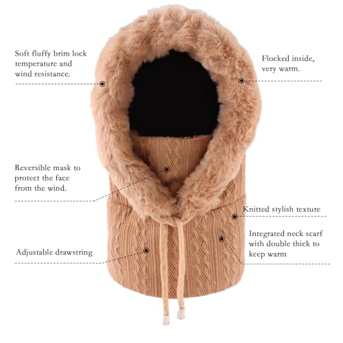 OMUKY Balaclava Hats for Women Cold Weather Thick Fluff Hats Adult Neck Face Cover Cap Ski Mask Neck Warmer(Khaki) - Image 4