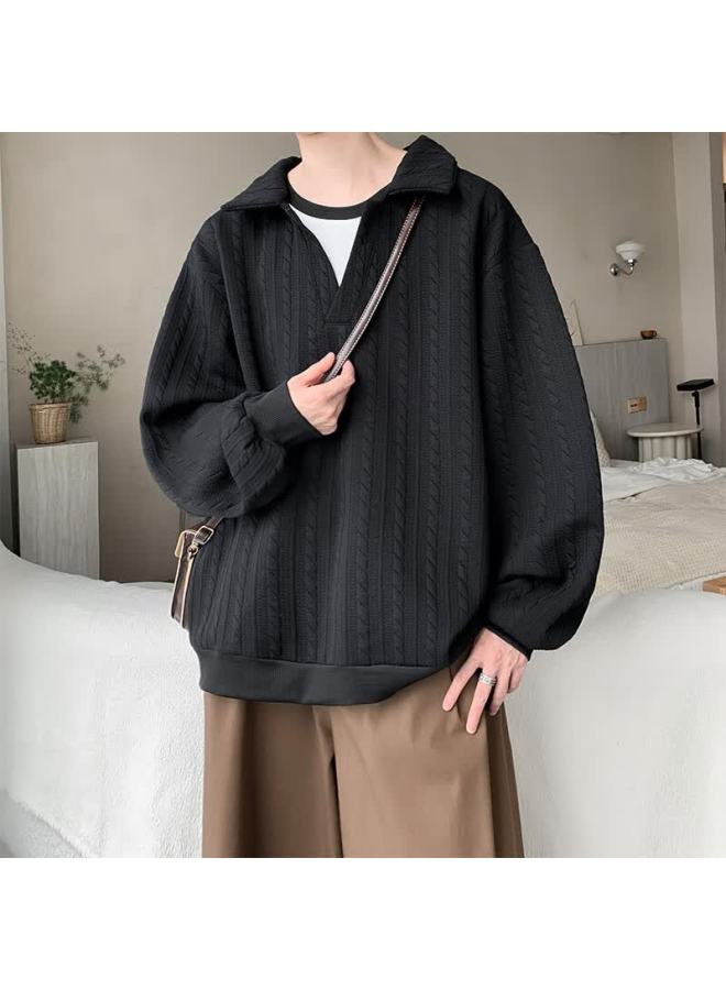 Poum Style Two-piece Look Sweatshirt Men's Spring Autumn Trendy Jacquard Texture Top M8885 Black 4XL - Image 2