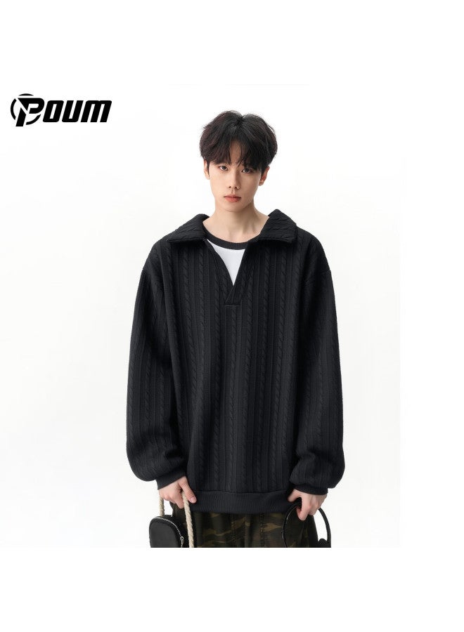 Poum Style Two-piece Look Sweatshirt Men's Spring Autumn Trendy Jacquard Texture Top M8885 Black 4XL - Image 1