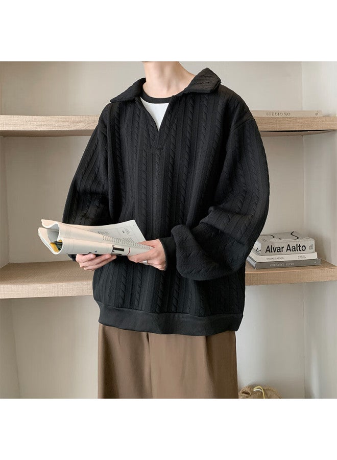 Poum Style Two-piece Look Sweatshirt Men's Spring Autumn Trendy Jacquard Texture Top M8885 Black 4XL - Image 4