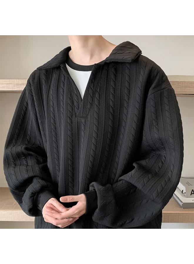 Poum Style Two-piece Look Sweatshirt Men's Spring Autumn Trendy Jacquard Texture Top M8885 Black 4XL - Image 5