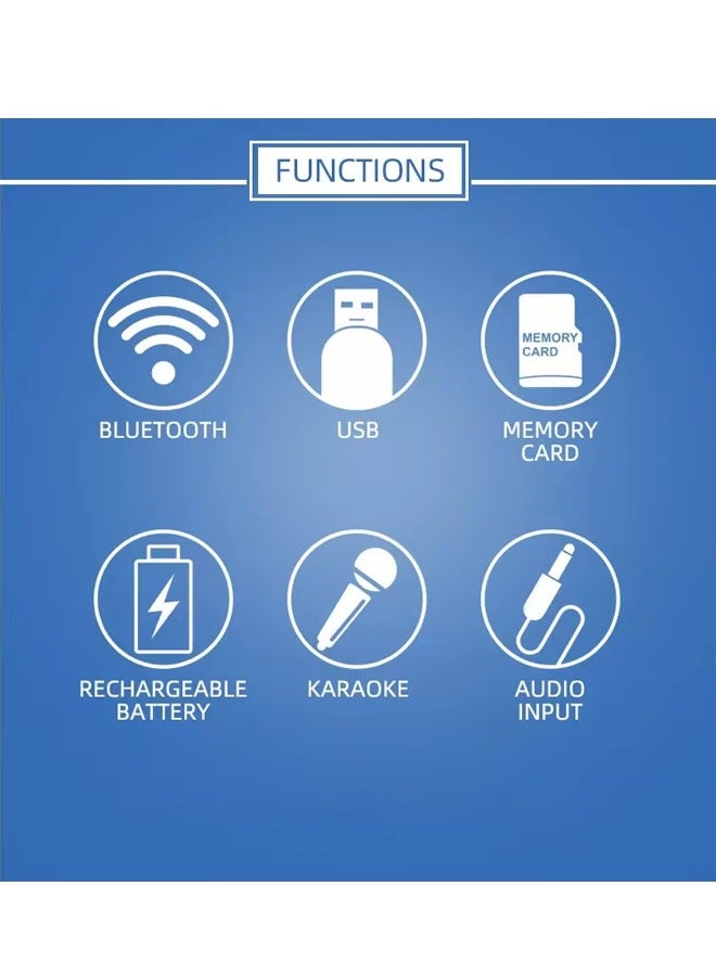 Portable Party Speaker With Wireless Mic Powerful Sound Built-In DJ Lights LED Display Bluetooth FM USB Functions Built In Lights  Splashproof  Guitar Mic Inputs  Rechargeable Battery  Black - Image 3