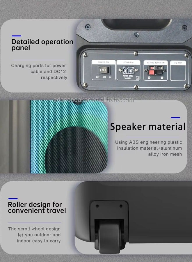 Portable Party Speaker With Wireless Mic Powerful Sound Built-In DJ Lights LED Display Bluetooth FM USB Functions Built In Lights  Splashproof  Guitar Mic Inputs  Rechargeable Battery  Black - Image 4