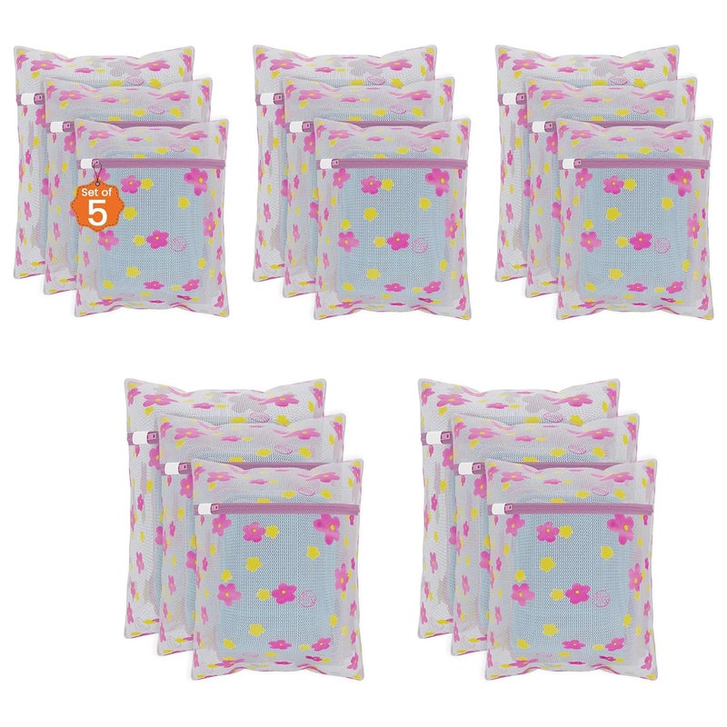 Kuber Industries Set of 15 Polyester Mesh Laundry Bag with Zip Reusable Washing Bags for Washing Machine Ideal for Lingerie Delicate Fabric Shoes Protection YZ92 Sunflower Design Pink - Image 1