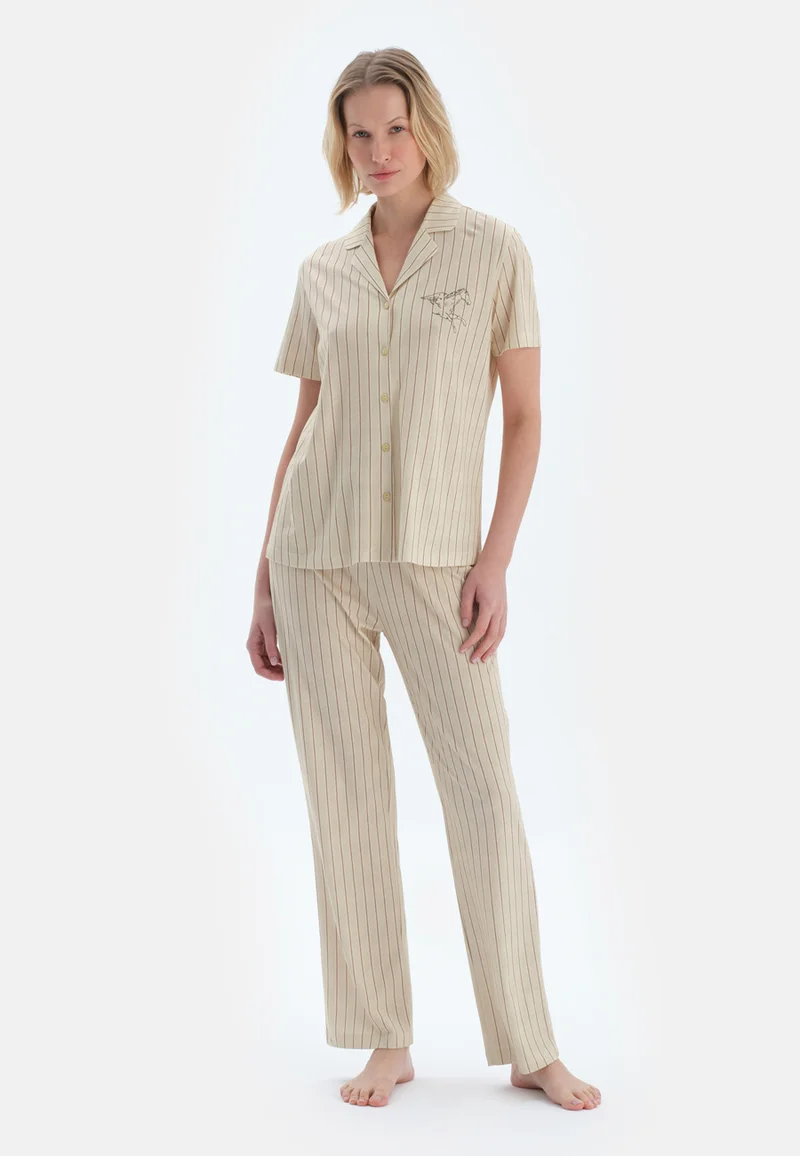 Striped Regular/Classic Fit Shirt & Trousers Pajama Sets Spread Collar Cotton Blend Sleepwear