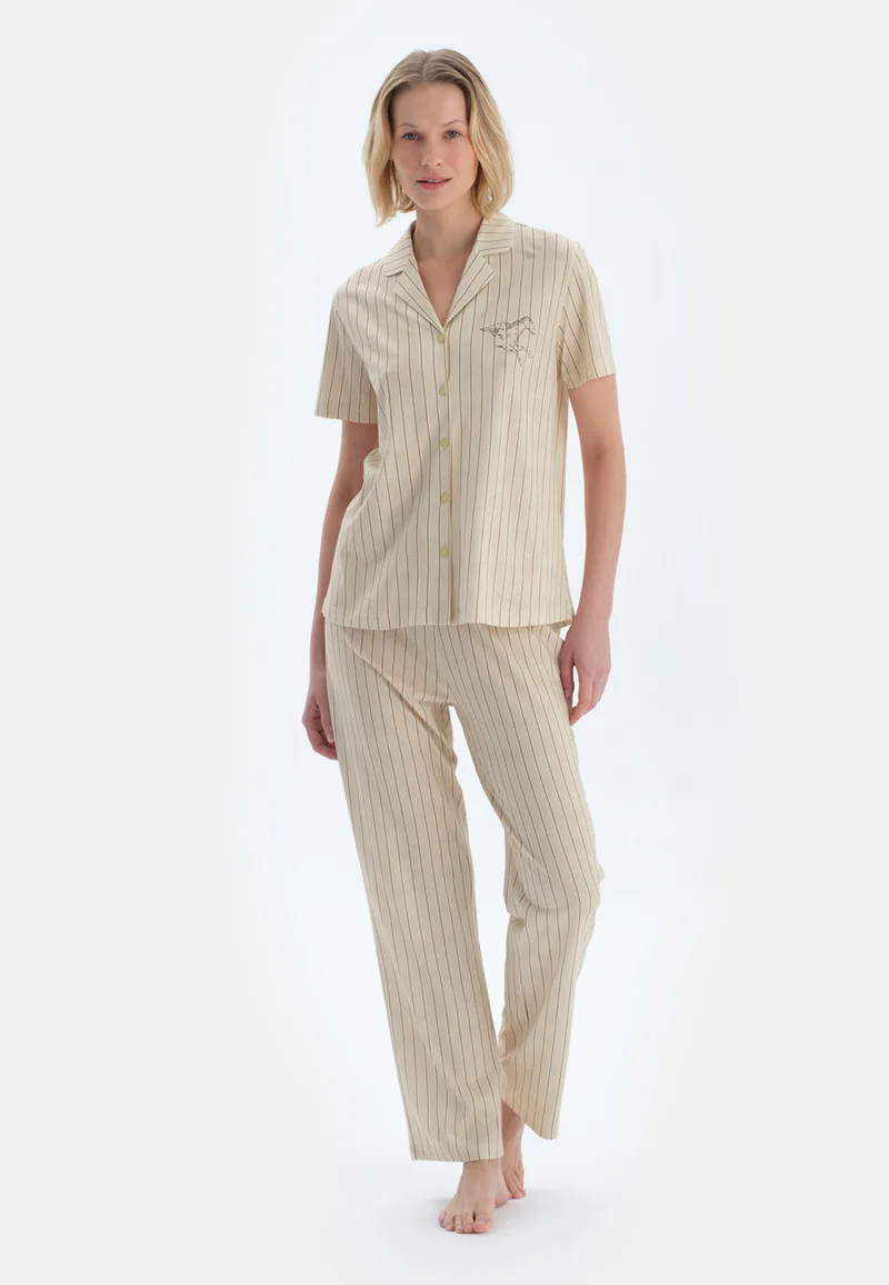 dagi  Striped Regular/Classic Fit Shirt & Trousers Pajama Sets Spread Collar Cotton Blend Sleepwear for Women | Best Price UAE