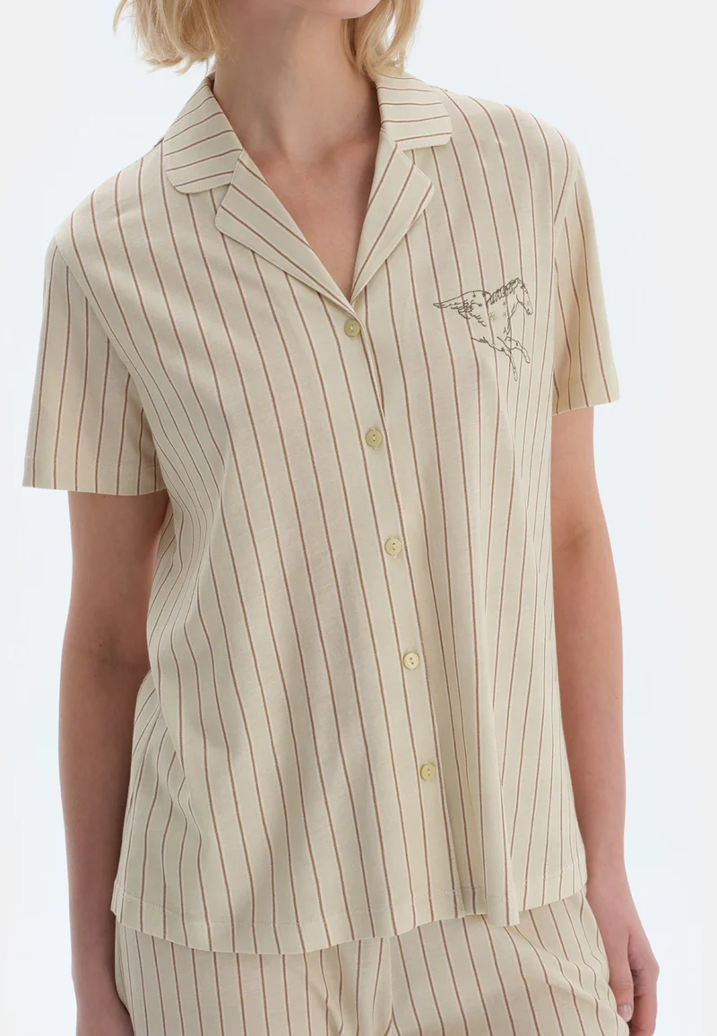 dagi  Striped Regular/Classic Fit Shirt & Trousers Pajama Sets Spread Collar Cotton Blend Sleepwear for Women | Best Price UAE