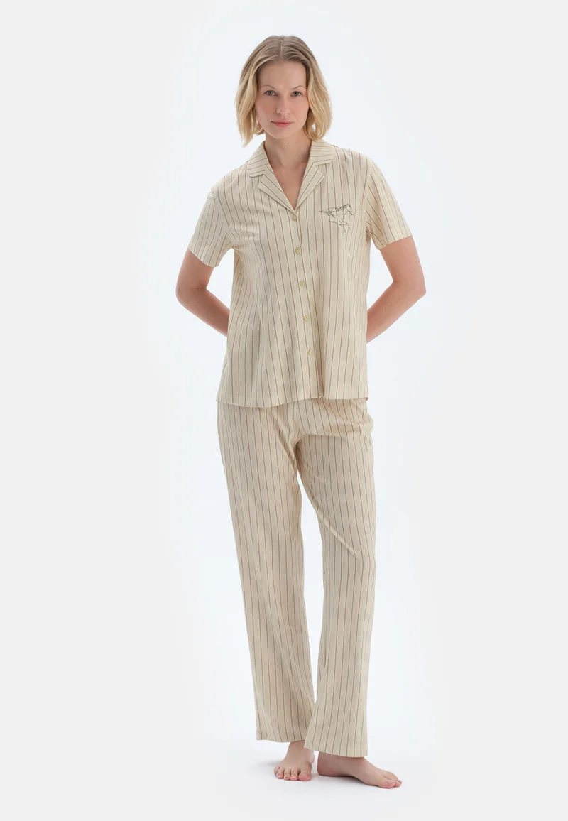 dagi  Striped Regular/Classic Fit Shirt & Trousers Pajama Sets Spread Collar Cotton Blend Sleepwear for Women | Best Price UAE