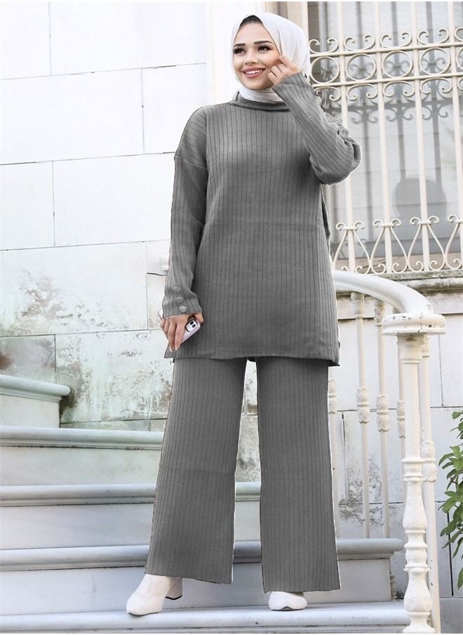 Loquat - Women's Solid Wide Leg Trousers Two-Piece Set - Image 1