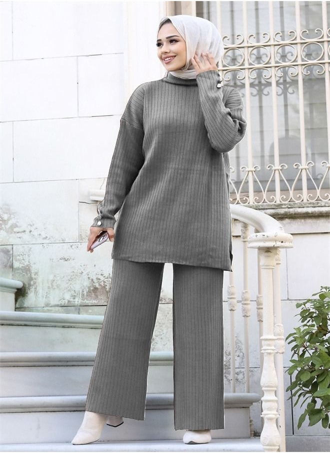 Loquat - Women's Solid Wide Leg Trousers Two-Piece Set - Image 1