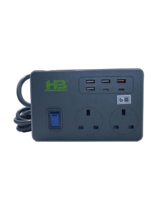 هوم بيست مشترك كهربائي ثنائي مع 6 منافذ USB رمادي 3 متر SU282PD-3M - Image 1