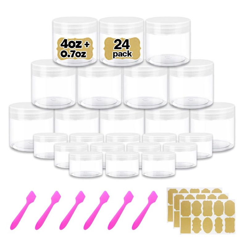 AMORIX 4 oz Clear Small Plastic Containers with Lids + 20g/20ml Small Containers with Lids (Set of 24) Cosmetic Sample Jar Plastic Jars - for Lip Scrub, Body Butters, Cream, Slime, Craft Storage - Image 1